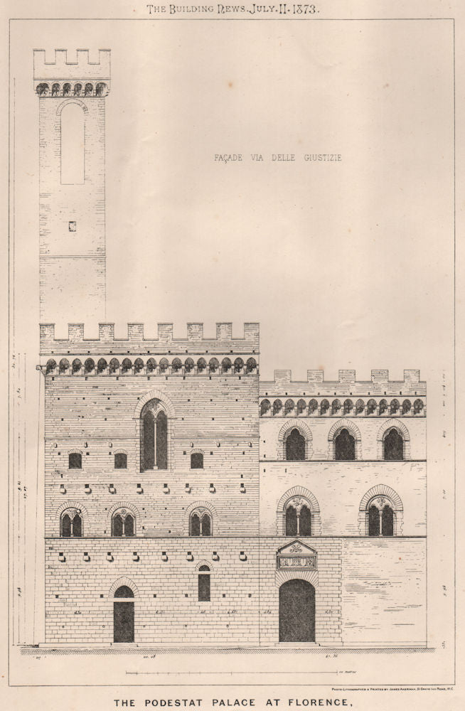 The Podestat Palace at Florence (2) 1873 old antique vintage print picture